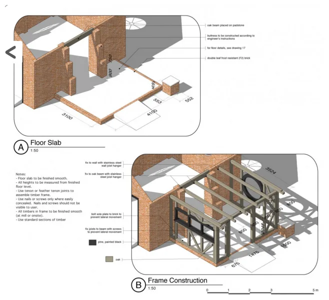 Architectural drawings showing floor slab construction and frame construction details.
