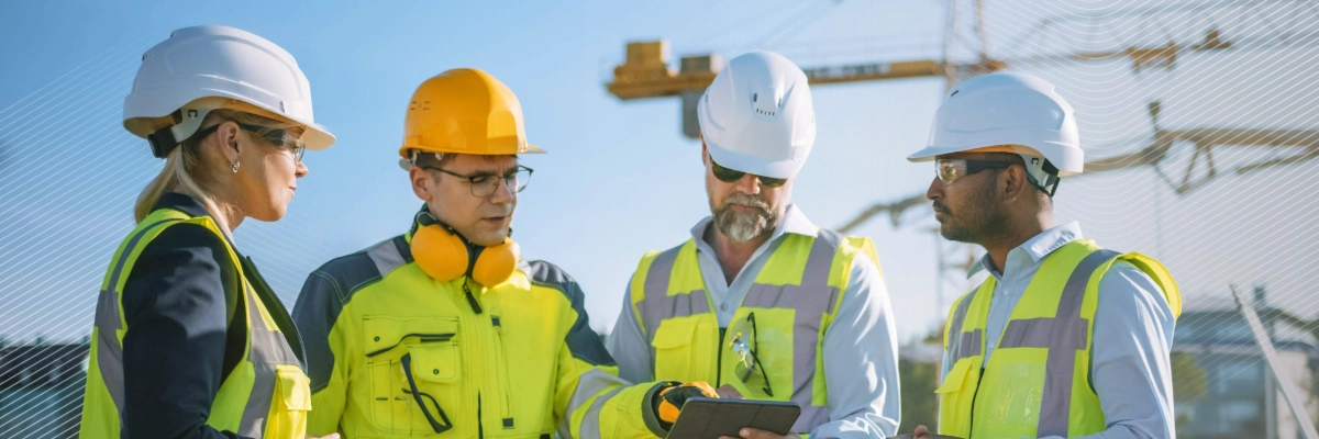 61 / 5,000 Une équipe de construction, équipée de dispositifs de sécurité, discute d'un projet sur le chantier.