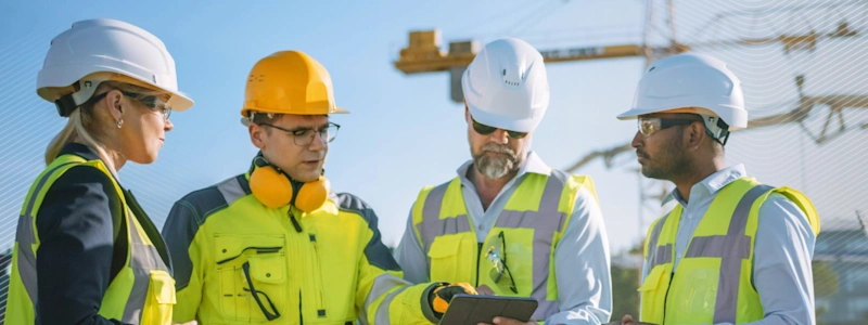 61 / 5,000 Une équipe de construction, équipée de dispositifs de sécurité, discute d'un projet sur le chantier.