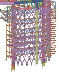 3D rendering of the Santiago Bernabéu stadium's complex steel structure.