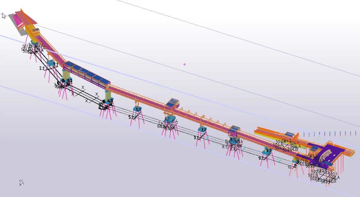 3D rendering of an elevated monorail system with support pillars and track sections.