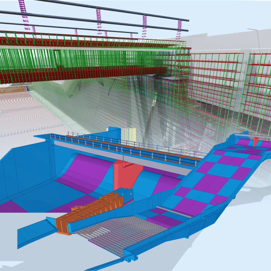 3D rendering of a dam structure with exposed internal rebar and concrete forms.