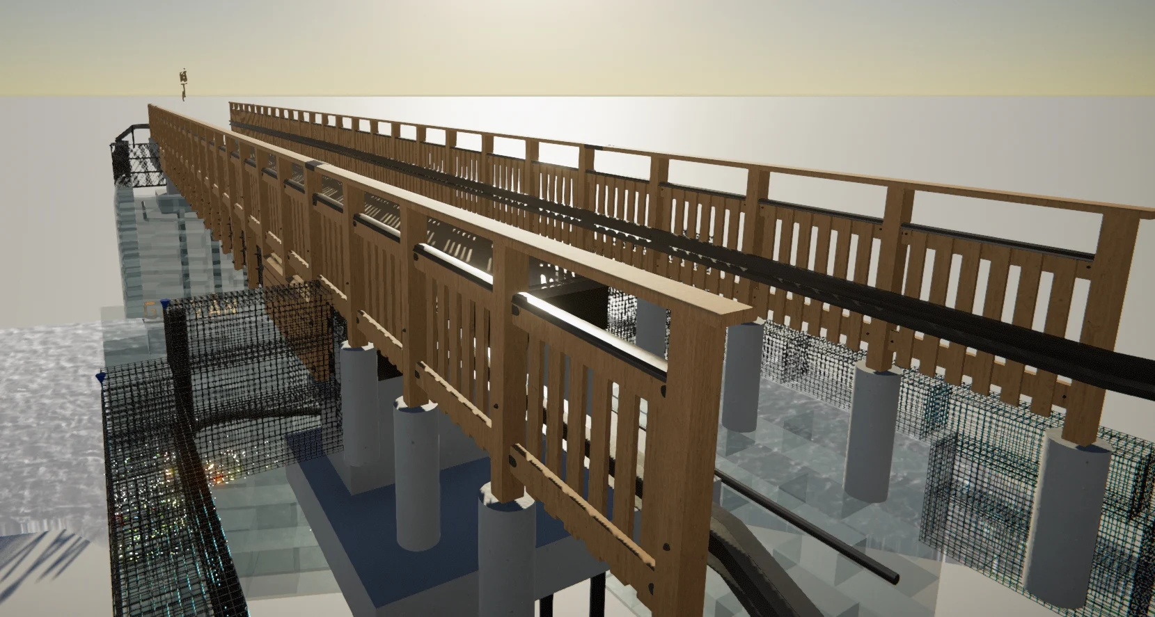 3D rendering of a wooden footbridge with railings over water, supported by concrete pillars and gabion walls.
