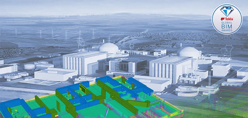 Model of reinforced concrete buildings with artists impression of nuclear power station in background