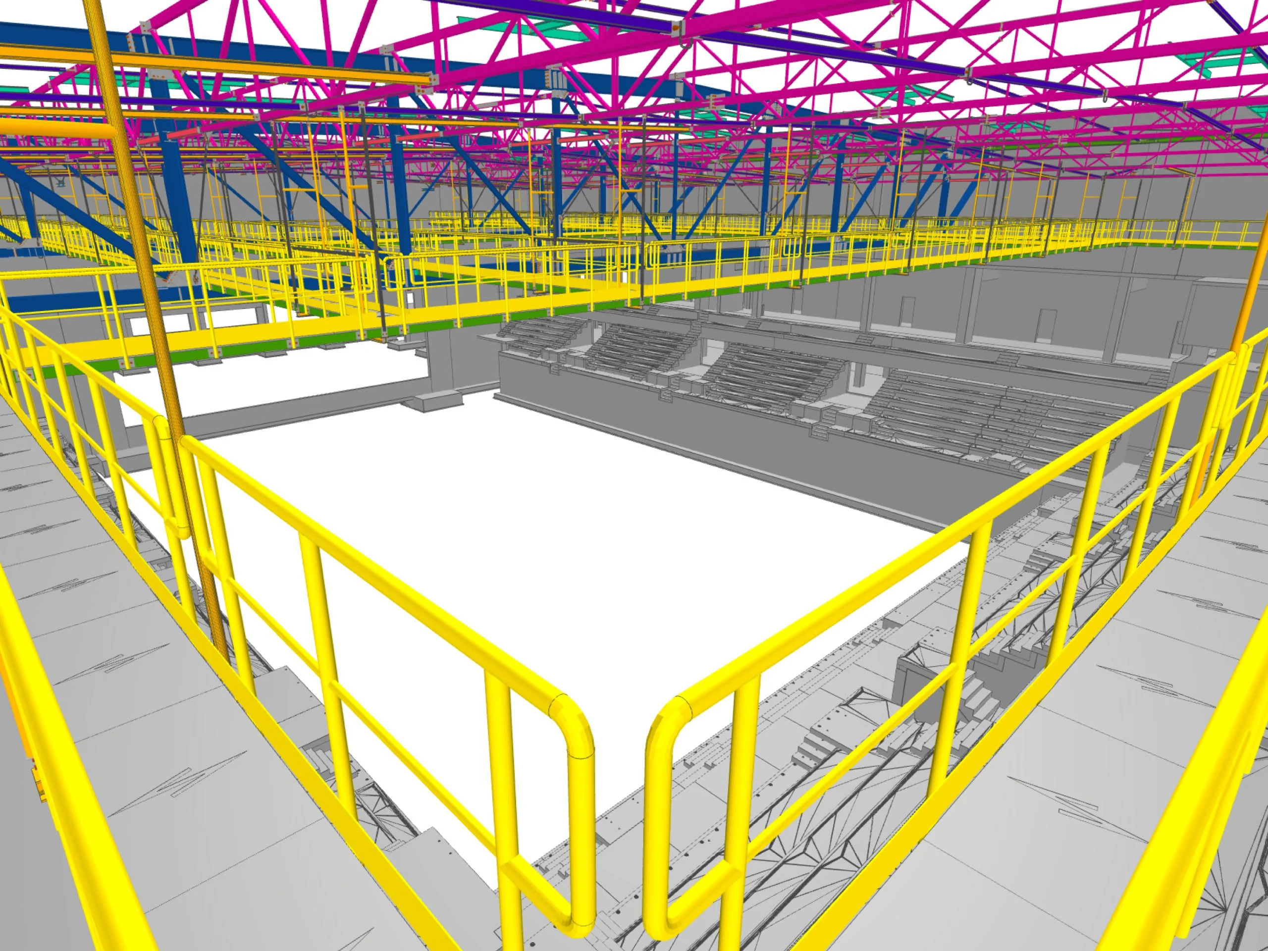A 3D rendering of a factory interior, featuring a large open space with elevated walkways and intricate structural beams.