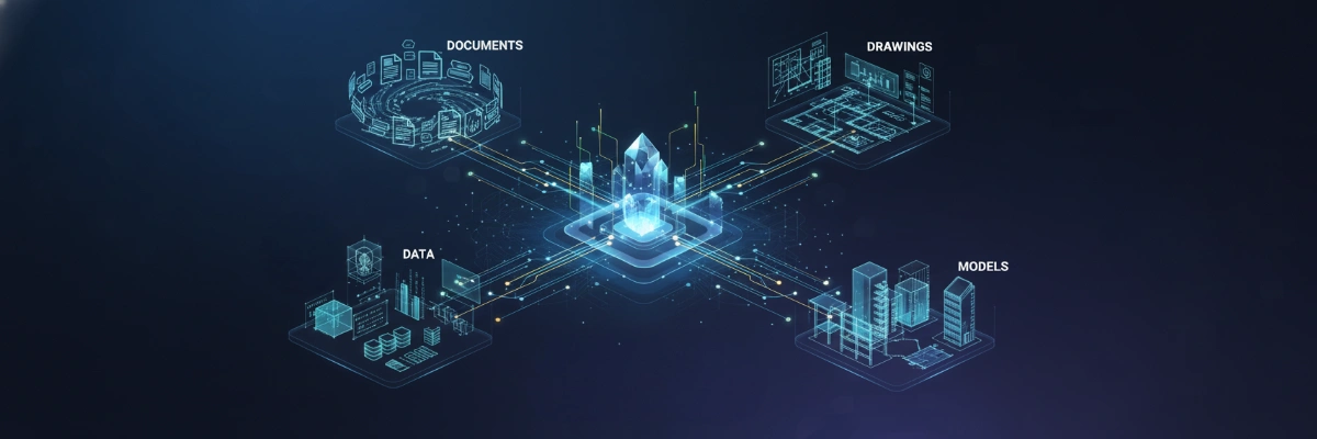 Central hub connecting documents, drawings, data, and models in a digital network.