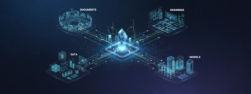 Central hub connecting documents, drawings, data, and models in a digital network.