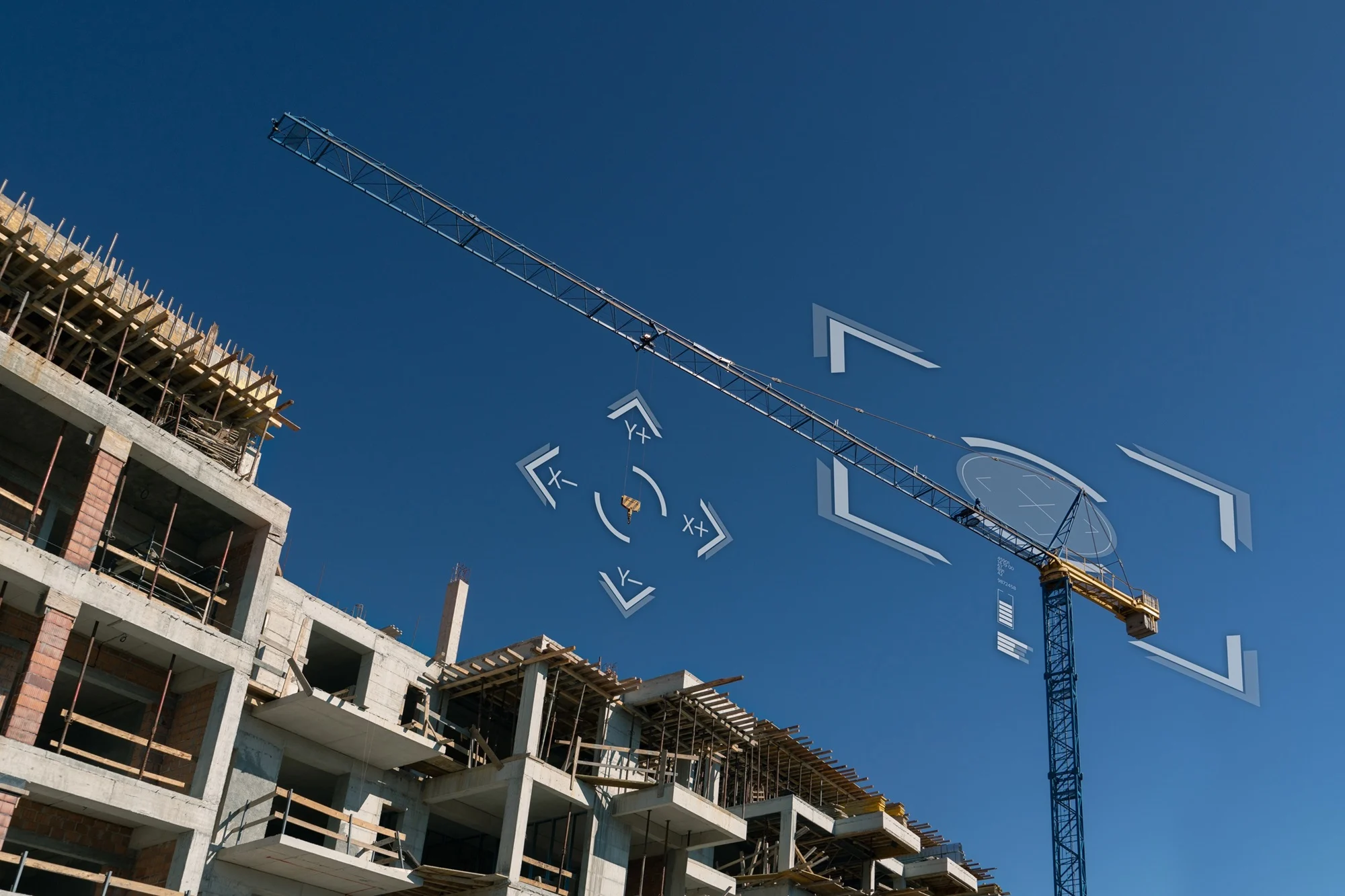 Augmented reality overlay on a construction site with a crane and building under construction.