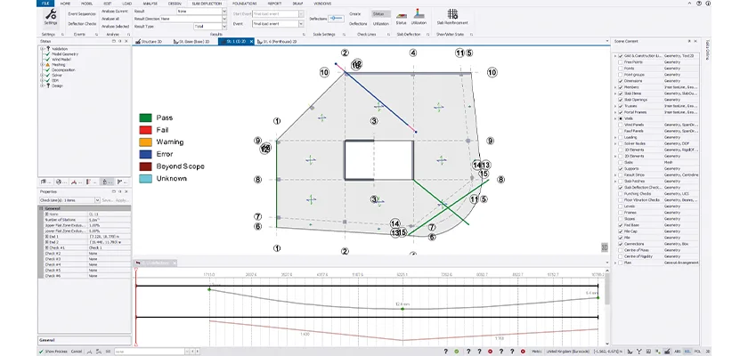 Vista de deflexión de losa de Tekla Structural Designer que muestra líneas de verificación 2D