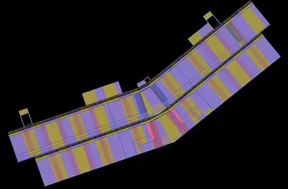 A 3D rendering of a geological strata analysis showing layers of purple, yellow, and reddish-brown rock formations against a black background.