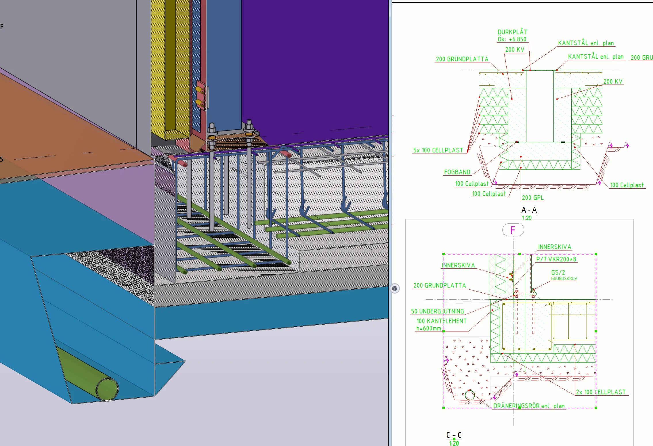 Cross section of Tekla model over steel hall with slab on ground and sandwich element walls. Base insulation has been modeled
