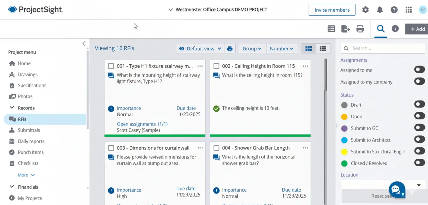 Multiple RFI’s shown in ProjectSight with a tab showing the project menu and a tab showing assignments, status and location