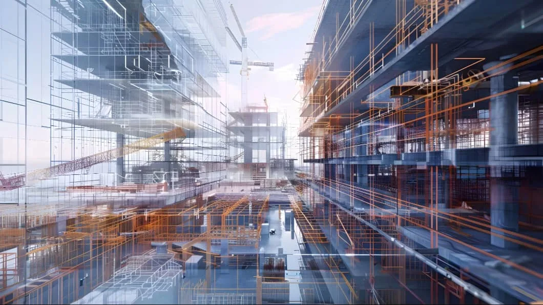 A digital blueprint overlays a construction site, showing the intricate framework of a modern building.