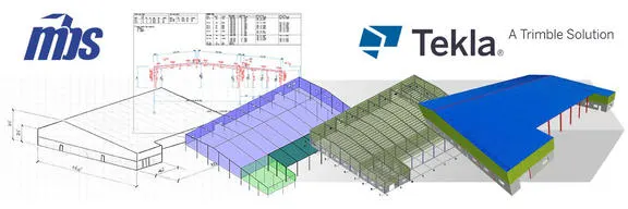 MBS and Tekla logos above a progression of building designs from blueprints to 3D models.