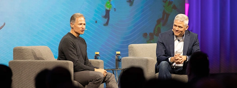 Trimble CEO Rob Painter and JE Dunn CIO John Jacobs fireside chat at Dimensions 2025.