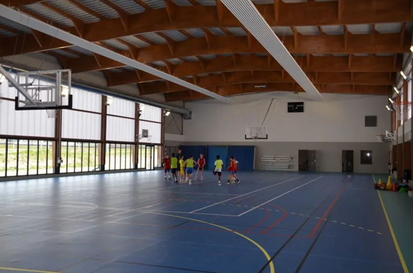 A group of young children are playing a game of basketball on a blue court in a large, well-lit gymnasium.