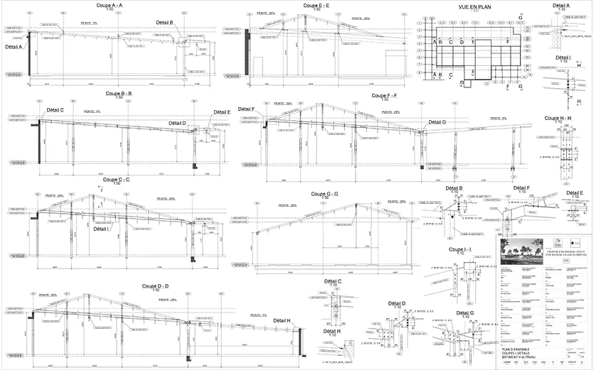 Architectural blueprints showing various cross-sections and a plan view of a building structure.