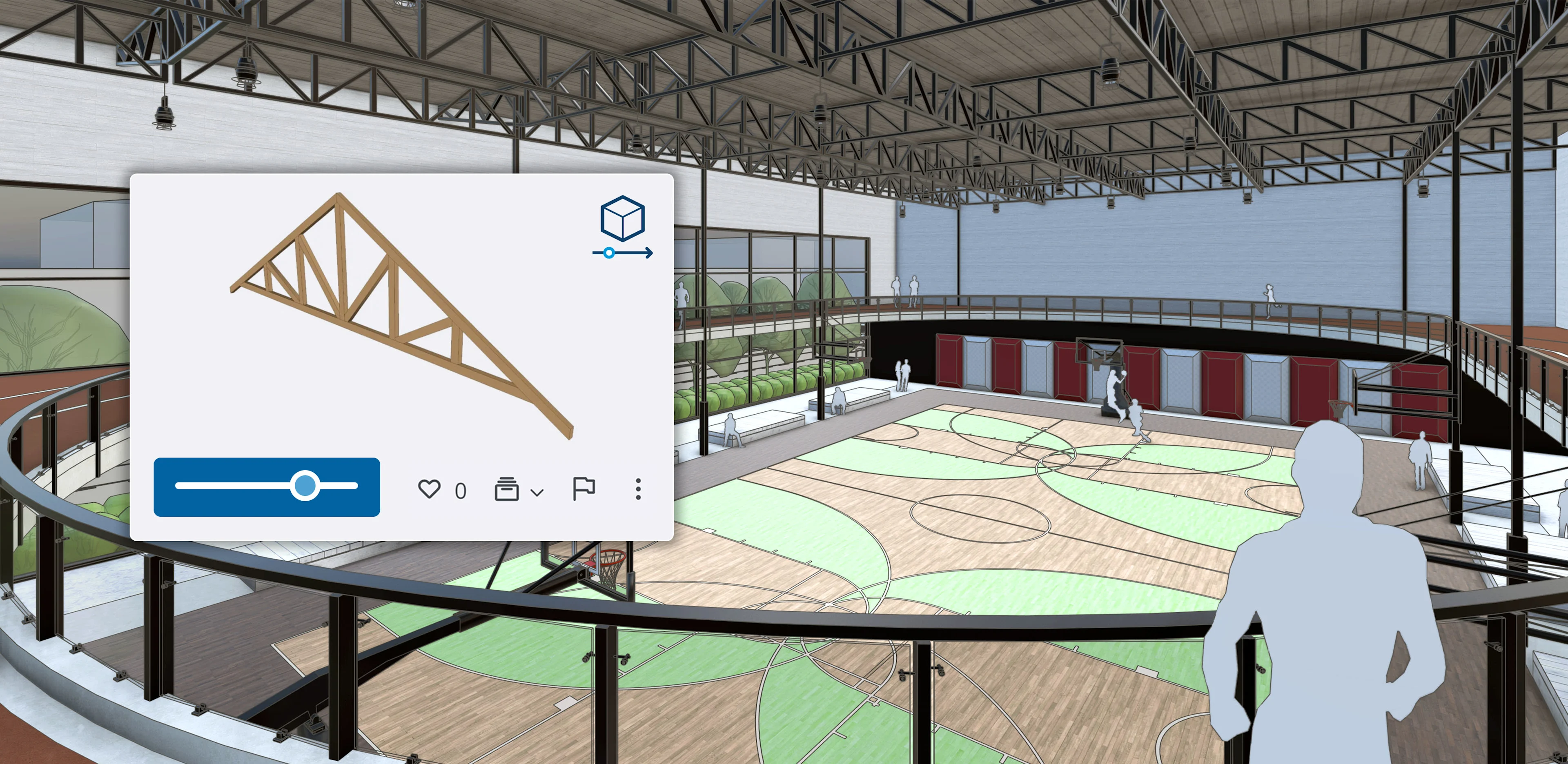 A SketchUp model showing a tan and green basketball court with an upper-level running track surrounding it with a callout win