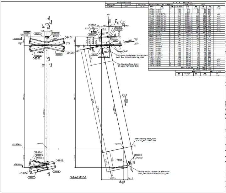 Technical drawing of a facade column with a table of material specifications.