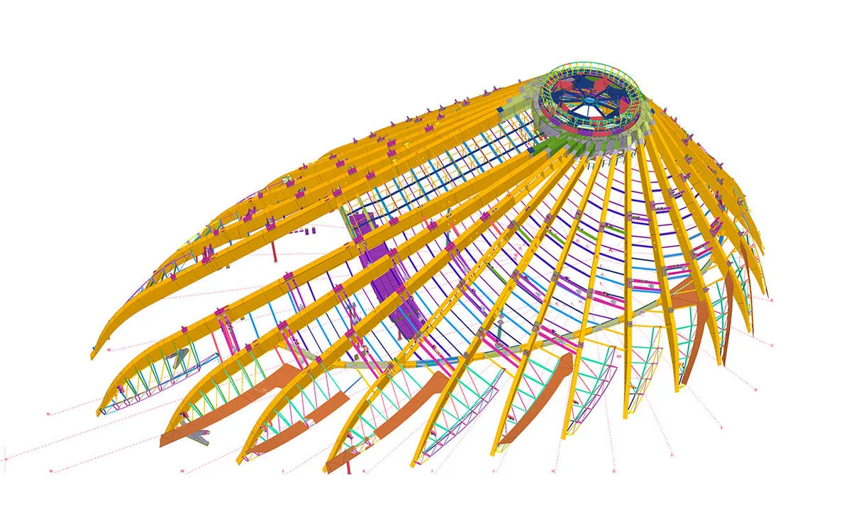 Tekla 3D rendering of a complex architectural stadium roof, with numerous yellow, wooden-like beams radiating outwards from a central circular hub.