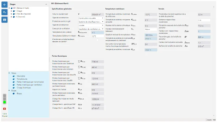 Screenshot of a building energy performance simulation software, showing input parameters for calculating thermal losses according to SIA 384/2 2020.