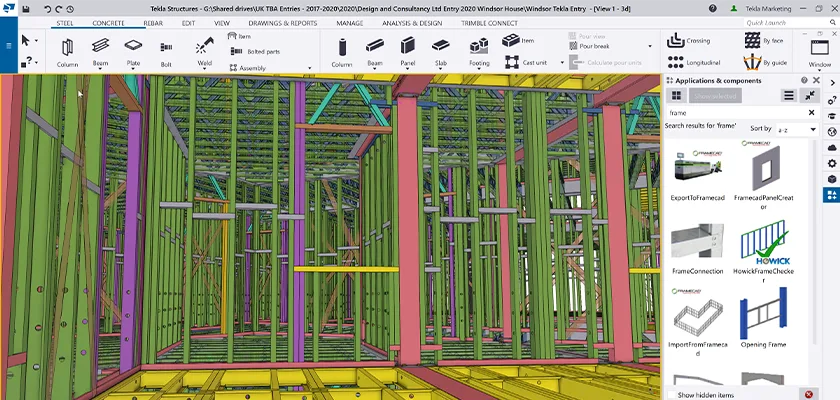 3D model of a steel-framed building under construction, showing studs, beams, and connections.