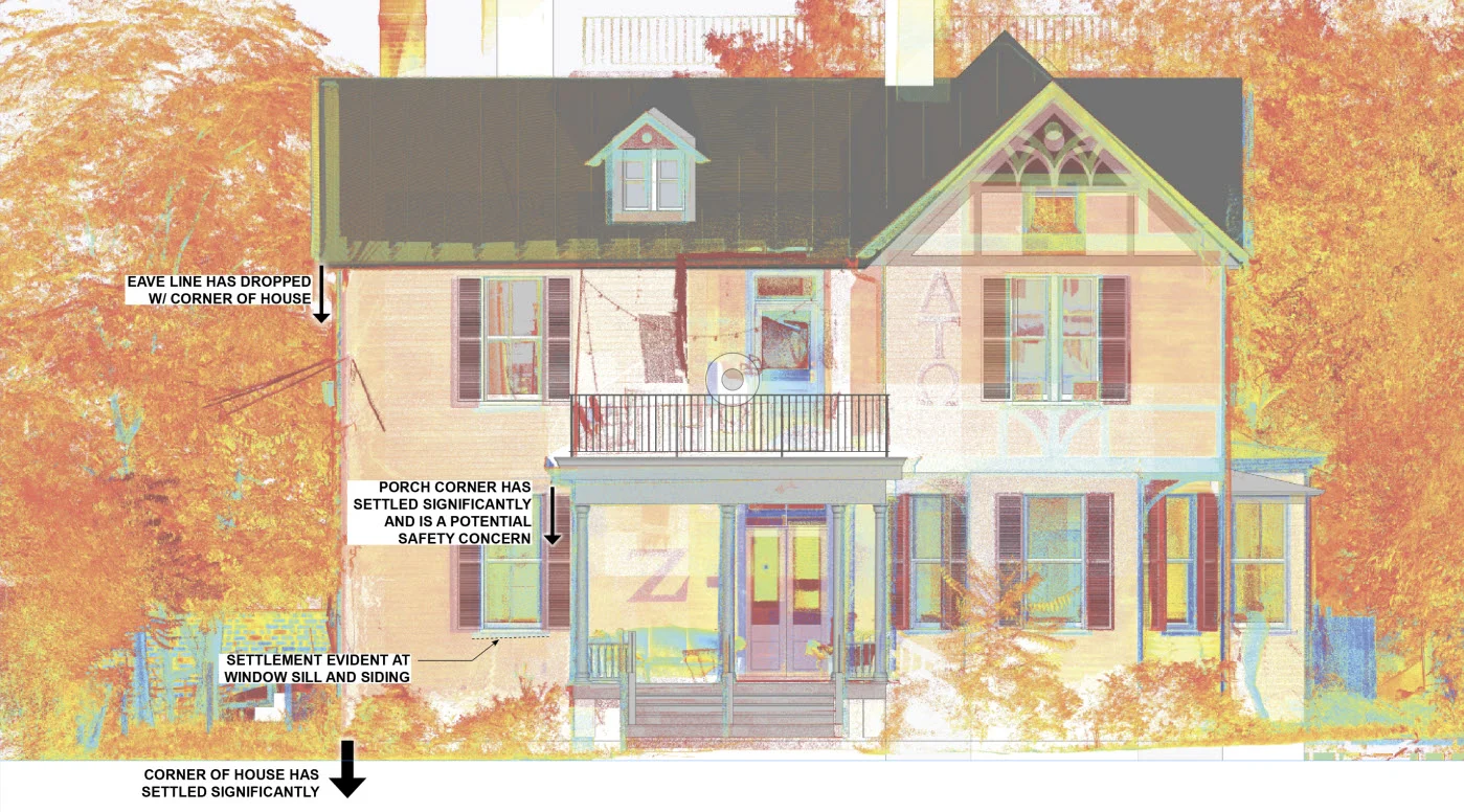 3D scan of a house showing settlement issues with annotations.