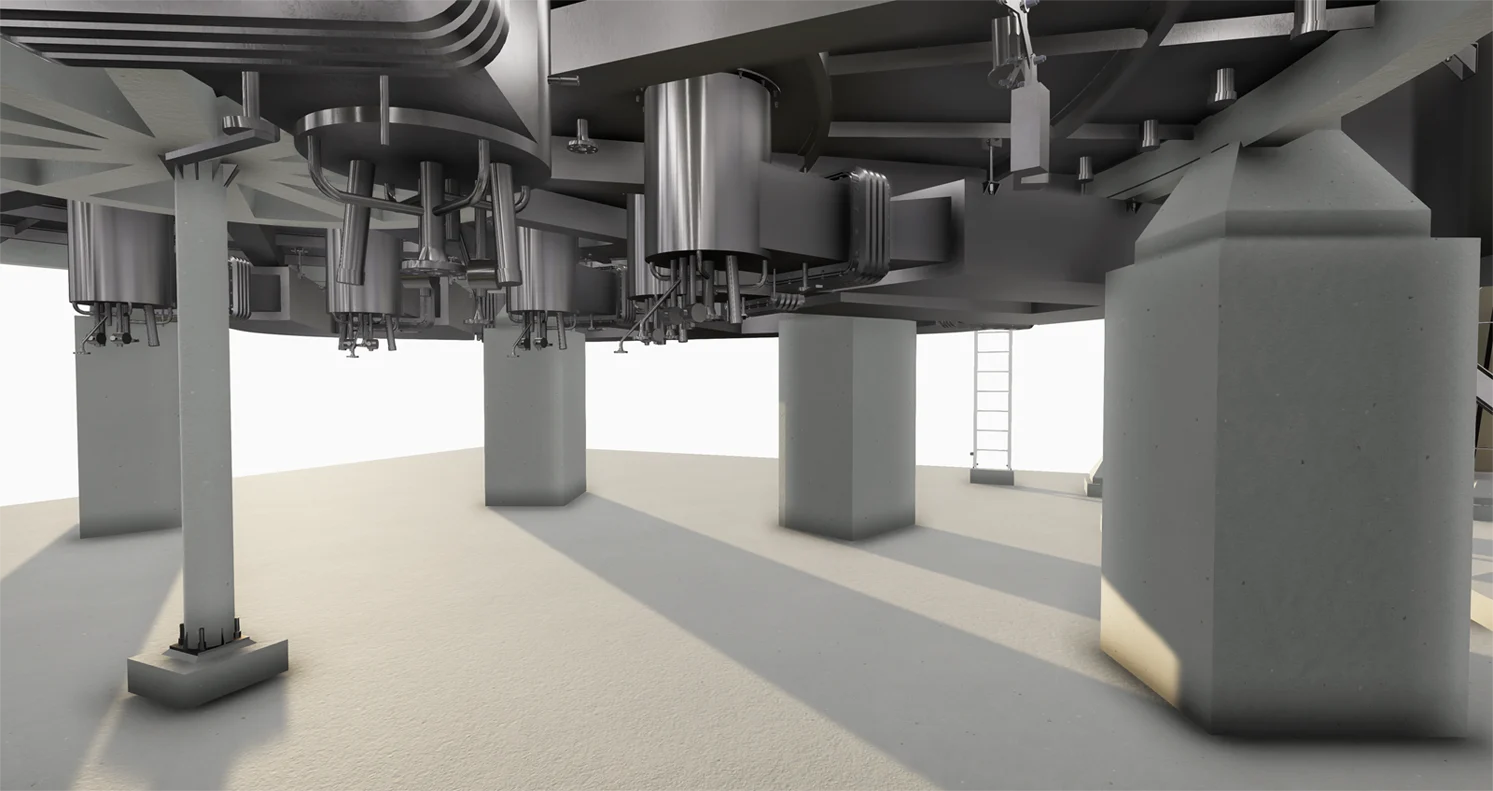 A 3D rendering of a large, complex piece of industrial equipment, supported by multiple concrete pillars.