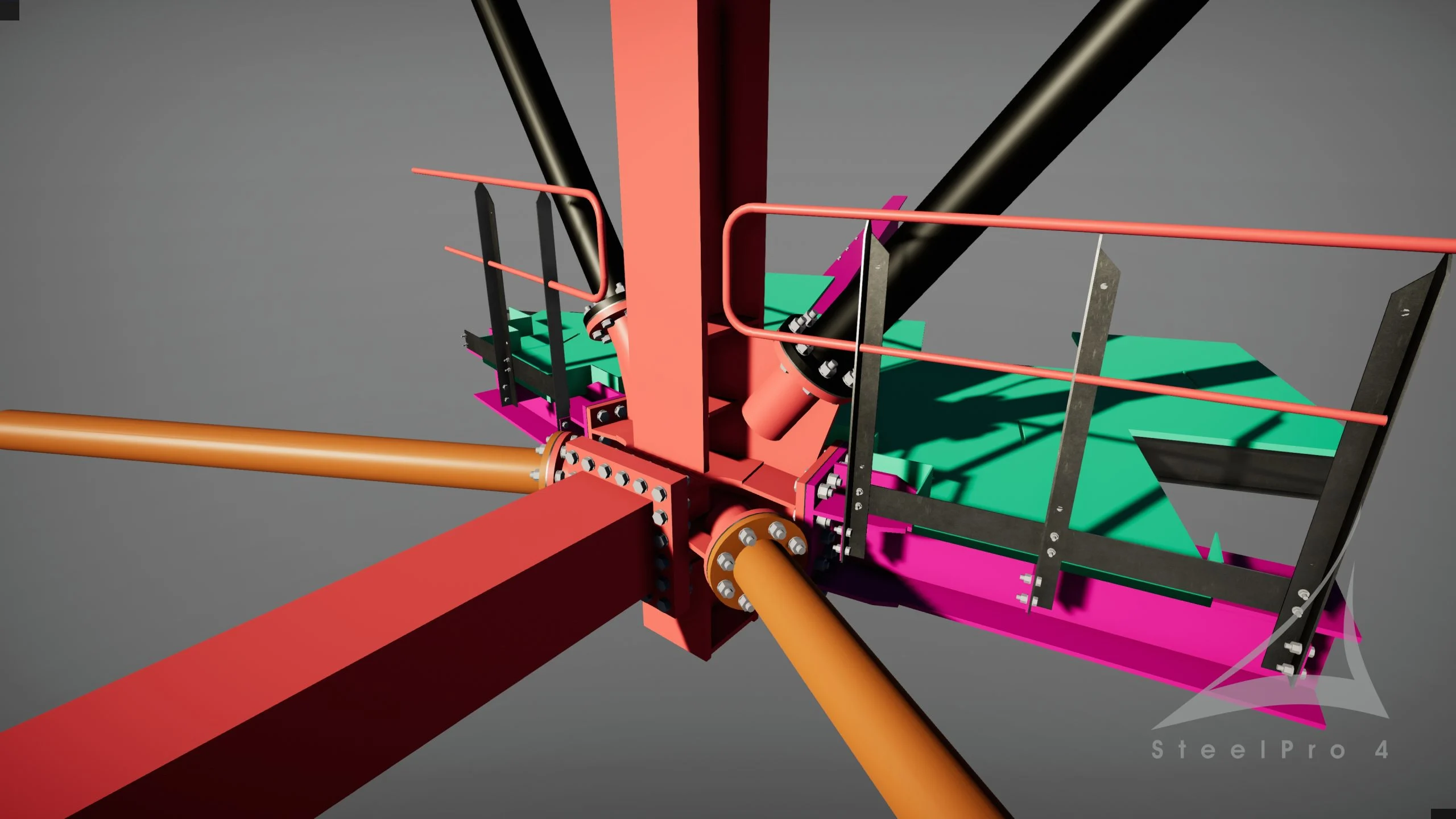 A 3D rendering of a steel structure with red, orange, black, green, and pink components.