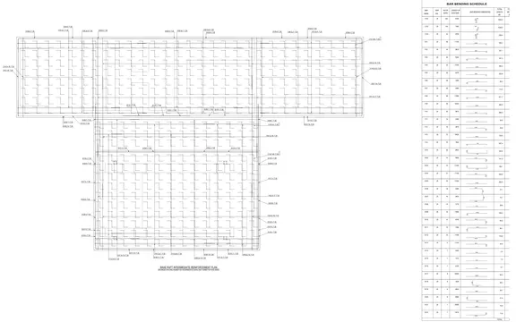 Architectural drawing of a rebar placement plan with a corresponding bar bending schedule.