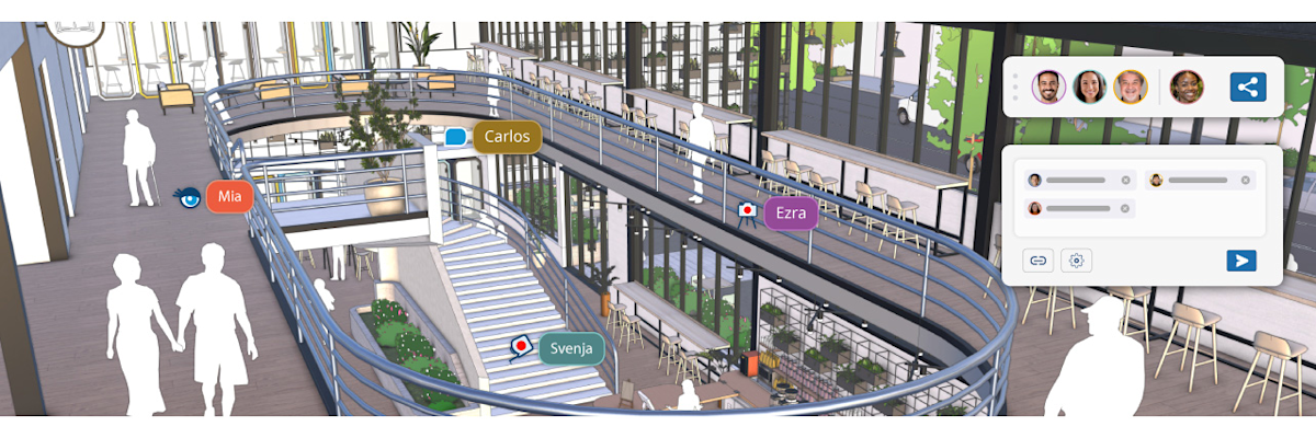 Screen capture of the latest SketchUp interface showing multiple users viewing a community space model at once, indicated by four faces in the collaboration bar and four icons hovering over the model.