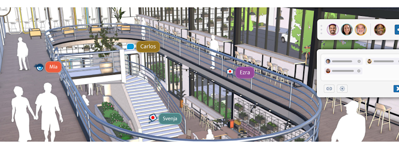 Screen capture of the latest SketchUp interface showing multiple users viewing a community space model at once, indicated by four faces in the collaboration bar and four icons hovering over the model.