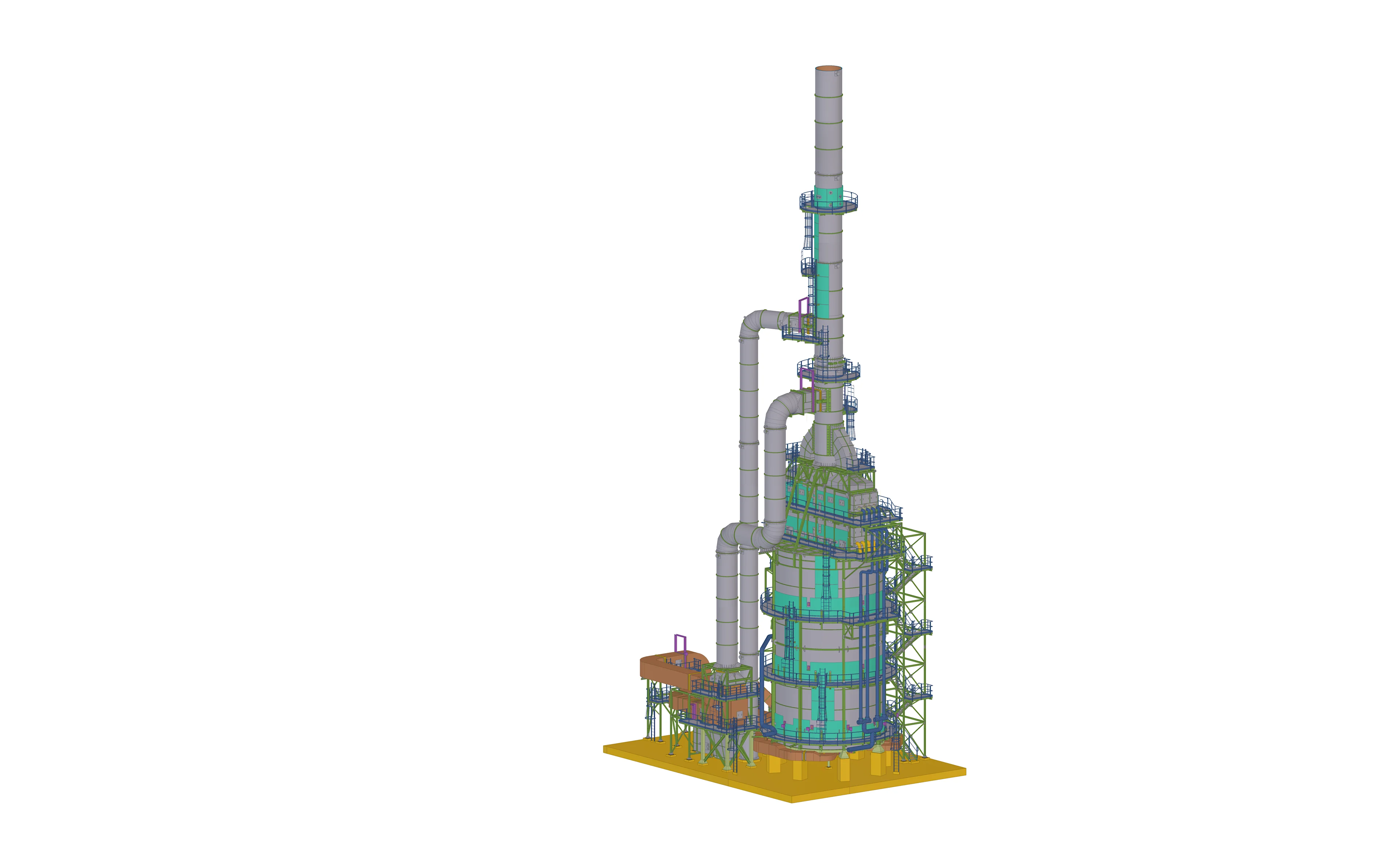 3D rendering of a distillation column with piping and a platform.