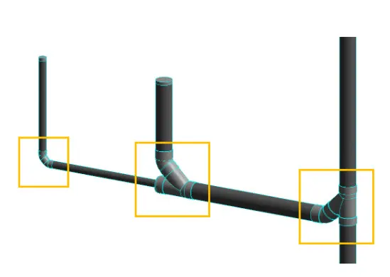 A 3D rendering of a black piping system with three highlighted sections.