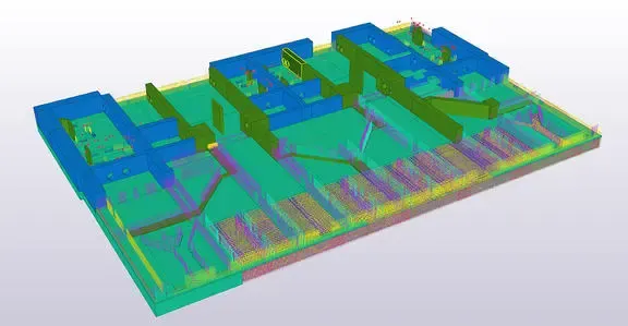 3D simulation of a facility layout with blue rooms and green floor, showing particle airflow over rectangular units.