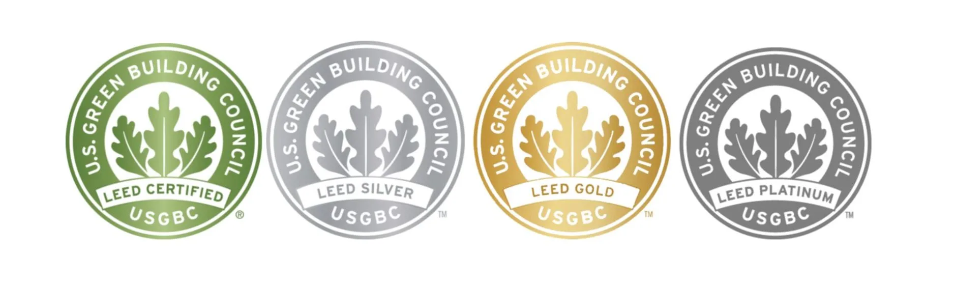 Four circular LEED badges for USGBC, showing levels from Certified to Platinum.