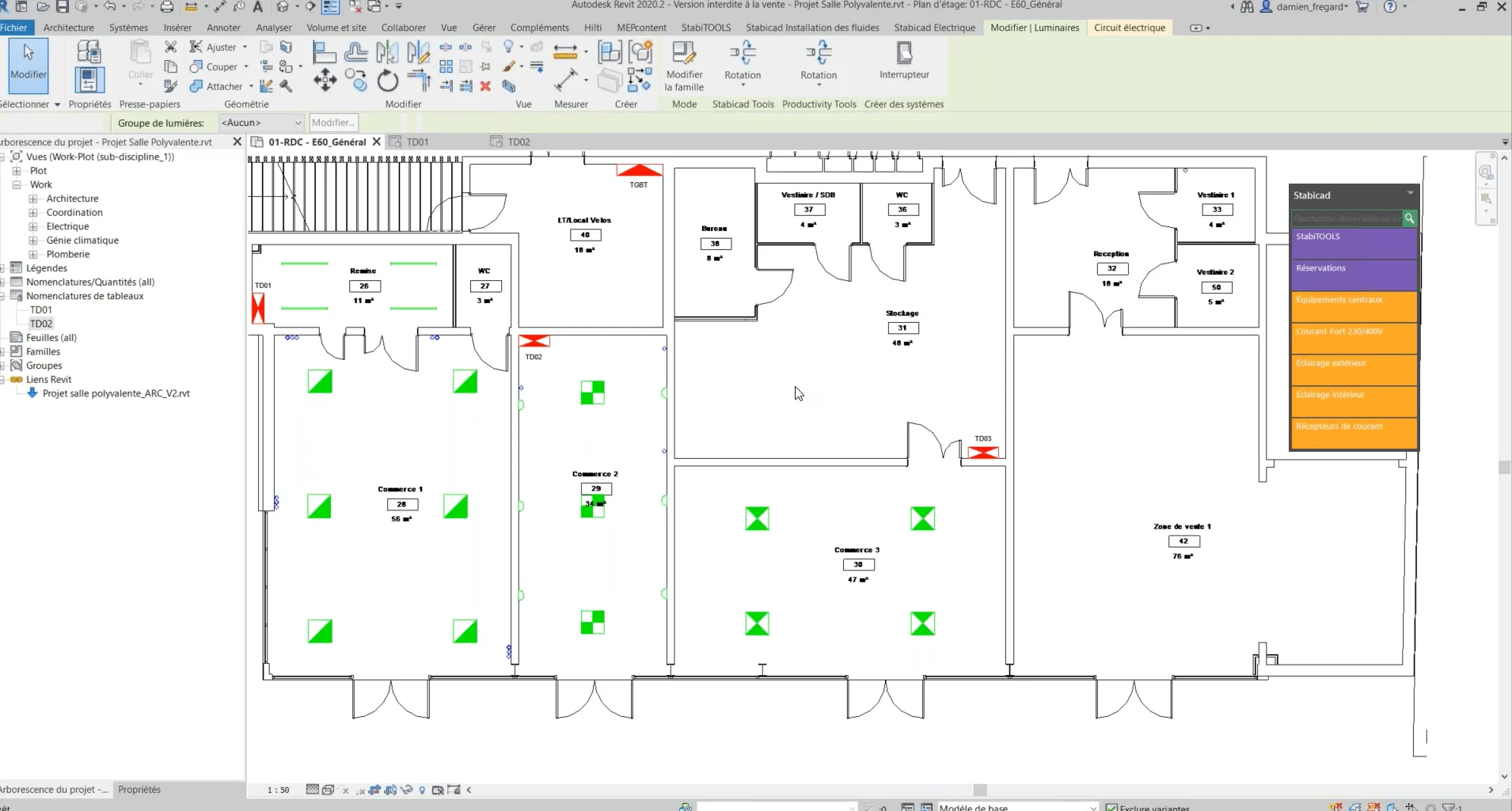 Autocad electrical drawing of a floor plan with lights and electrical components.
