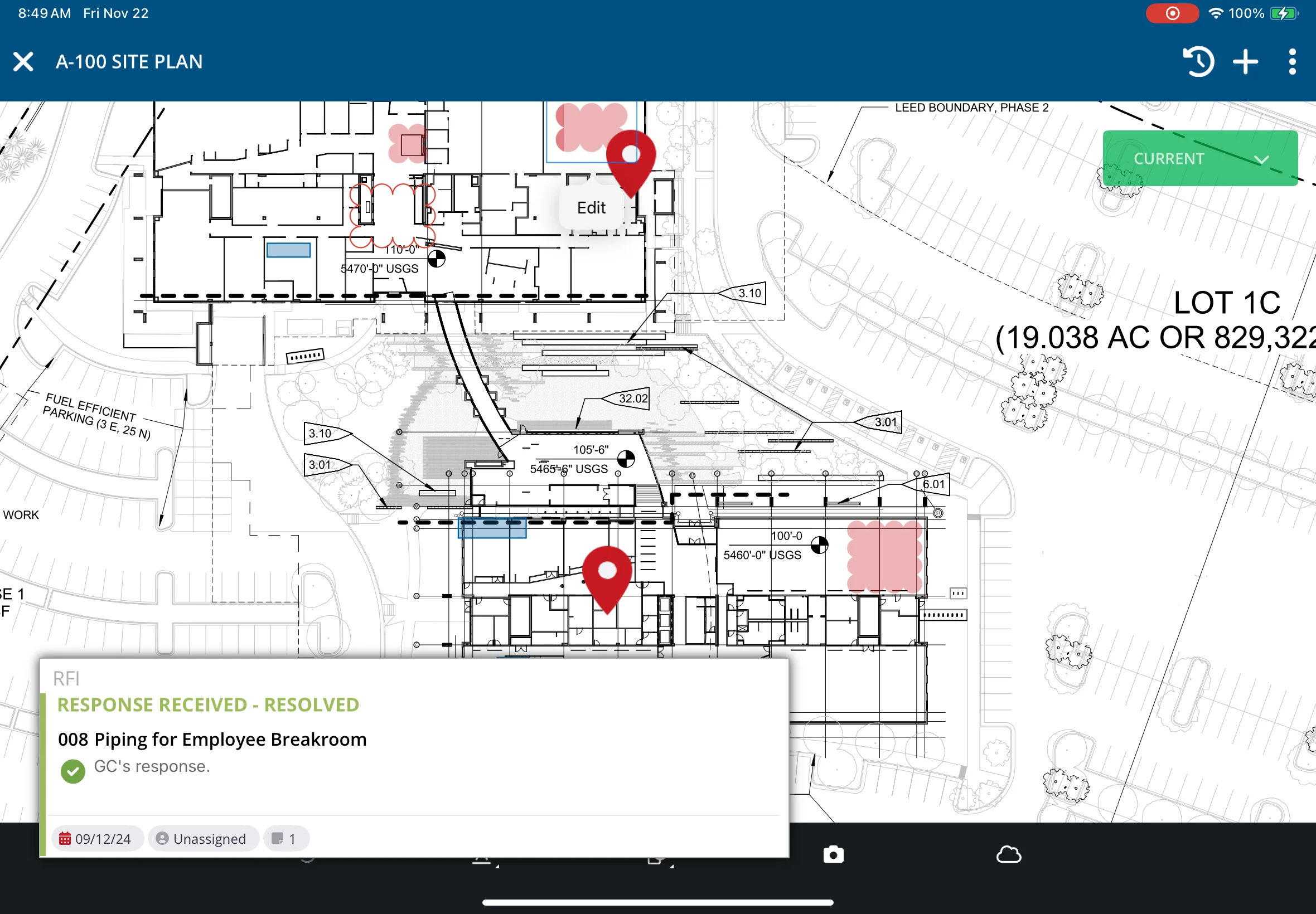 View of the tablet drawing viewer in ProjectSight showing a detailed map and a pop-up box showing a resolved comment.