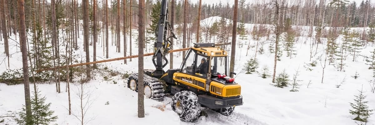 A yellow forestry harvester felling a tree in a dense, snow-covered pine forest.