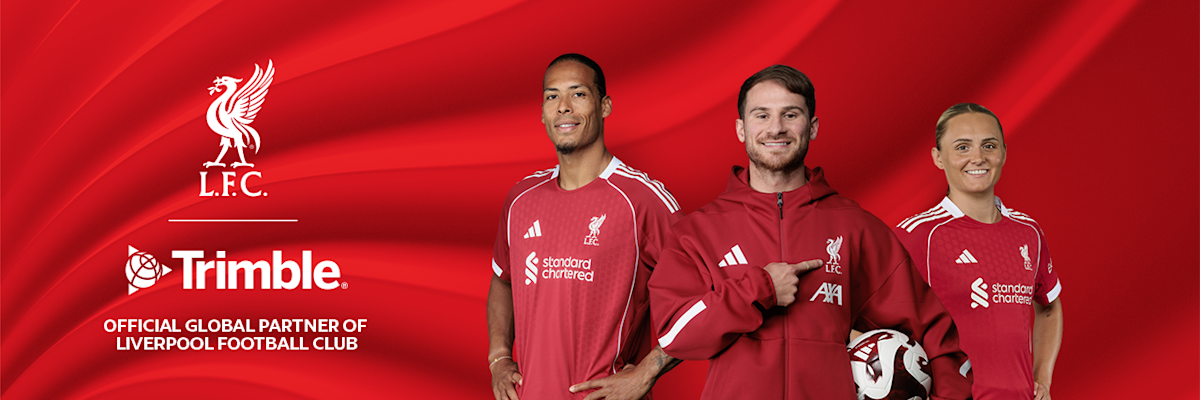 LFC + Trimble logo lockup with LFC players overlaying abstract red wave background