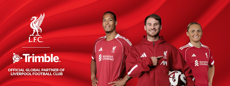LFC + Trimble logo lockup with LFC players overlaying abstract red wave background