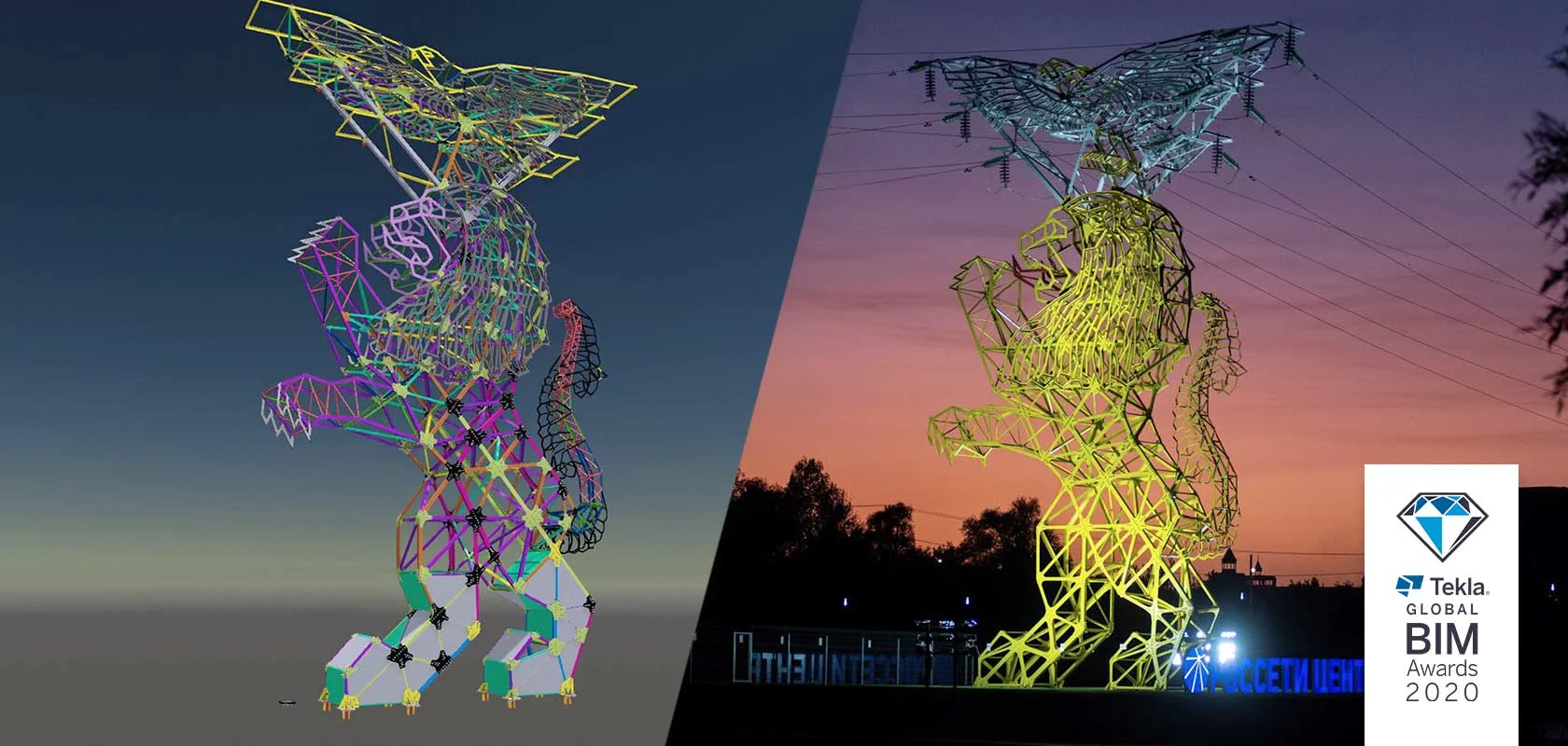 Side-by-side comparison of a 3D model and a photograph of a large, intricate metal sculpture of a lion with an eagle on its head.
