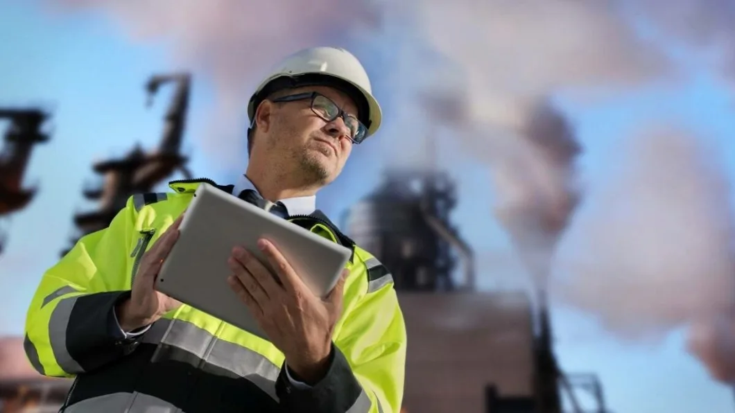 Worker in safety gear using a tablet at an industrial site with smoke in the background.