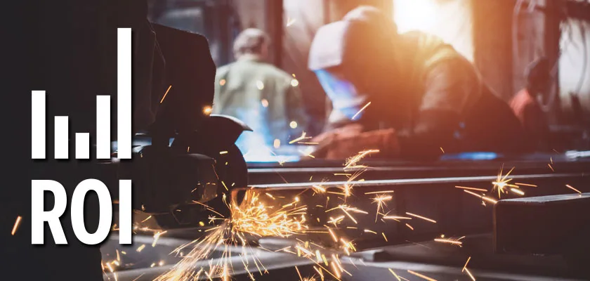 A graphic of a bar chart overlayed on an image of welders working, with the text ROI on the left.