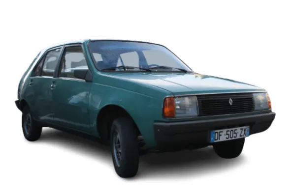 A teal Renault 11 hatchback is shown from a three-quarter front view.