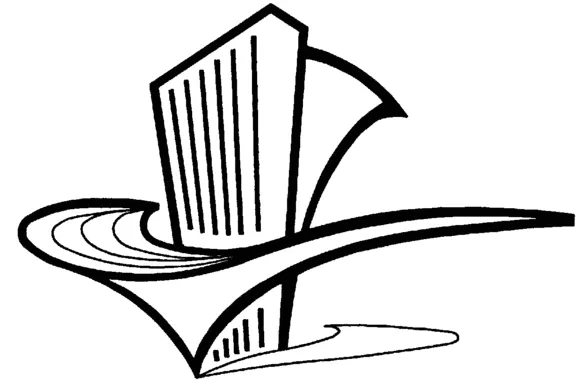 Abstract black and white logo with vertical lines resembling a building and curved lines resembling waves.