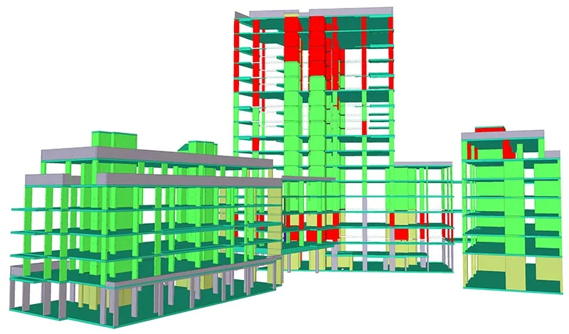 3D rendering of building structures in green, red, and yellow, showing columns and beams.