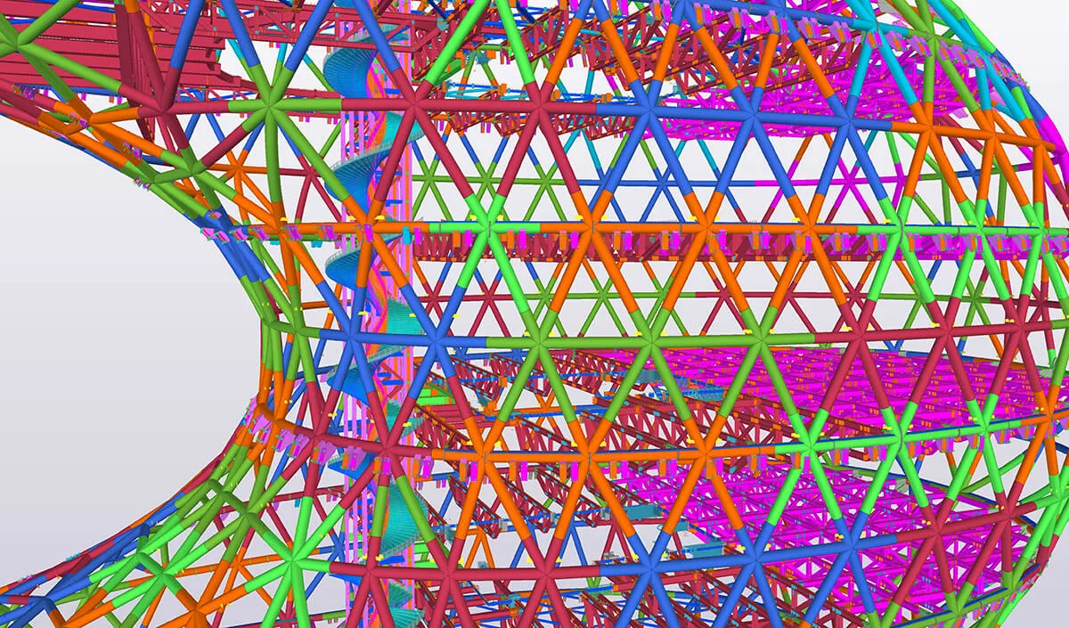 A colorful, 3D rendering of a complex steel structure, with interconnected geometric shapes and triangular patterns.