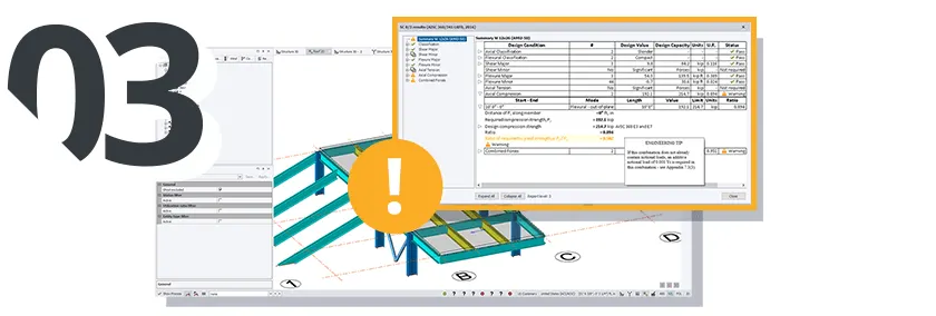 3D rendering of a structural design with a warning symbol and data table.