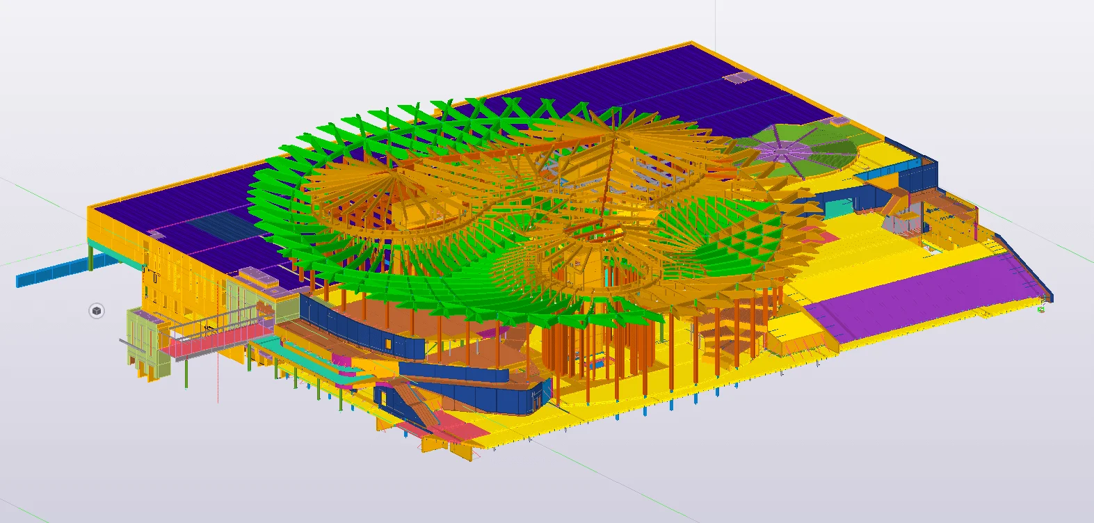 3D model of a large building with a complex, circular, green-latticed roof structure.
